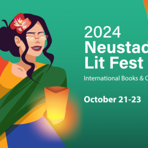 An illustration of brightly garbed female figure holding a ceramic lamp. Text reads: 2024 Neustadt Lit Fest. International Books and Culture. October 21-23.